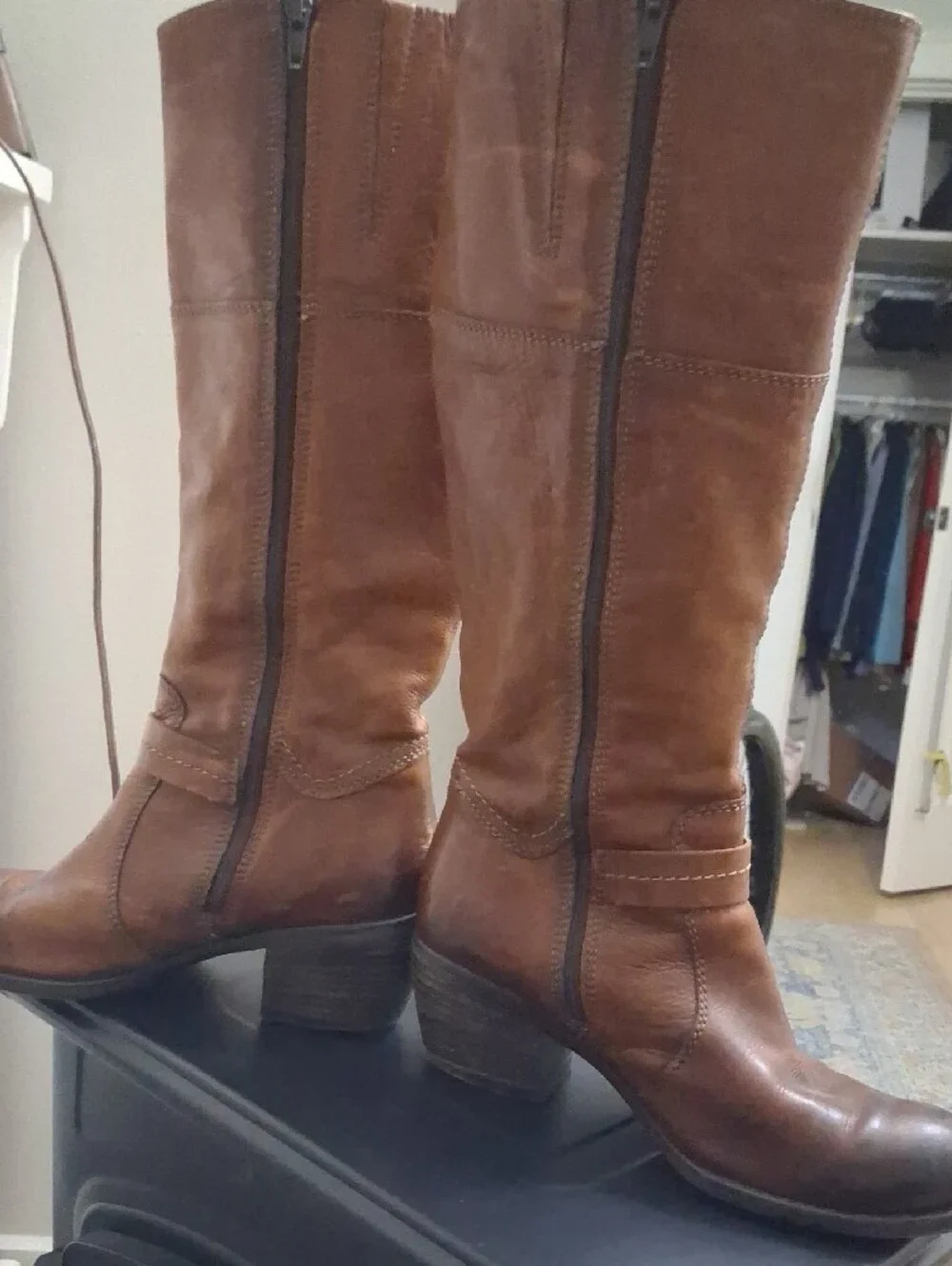 GPRGEOUS Clarks Vintage  Brown Supple  Leather Knee High Zip Riding Boots 7.5